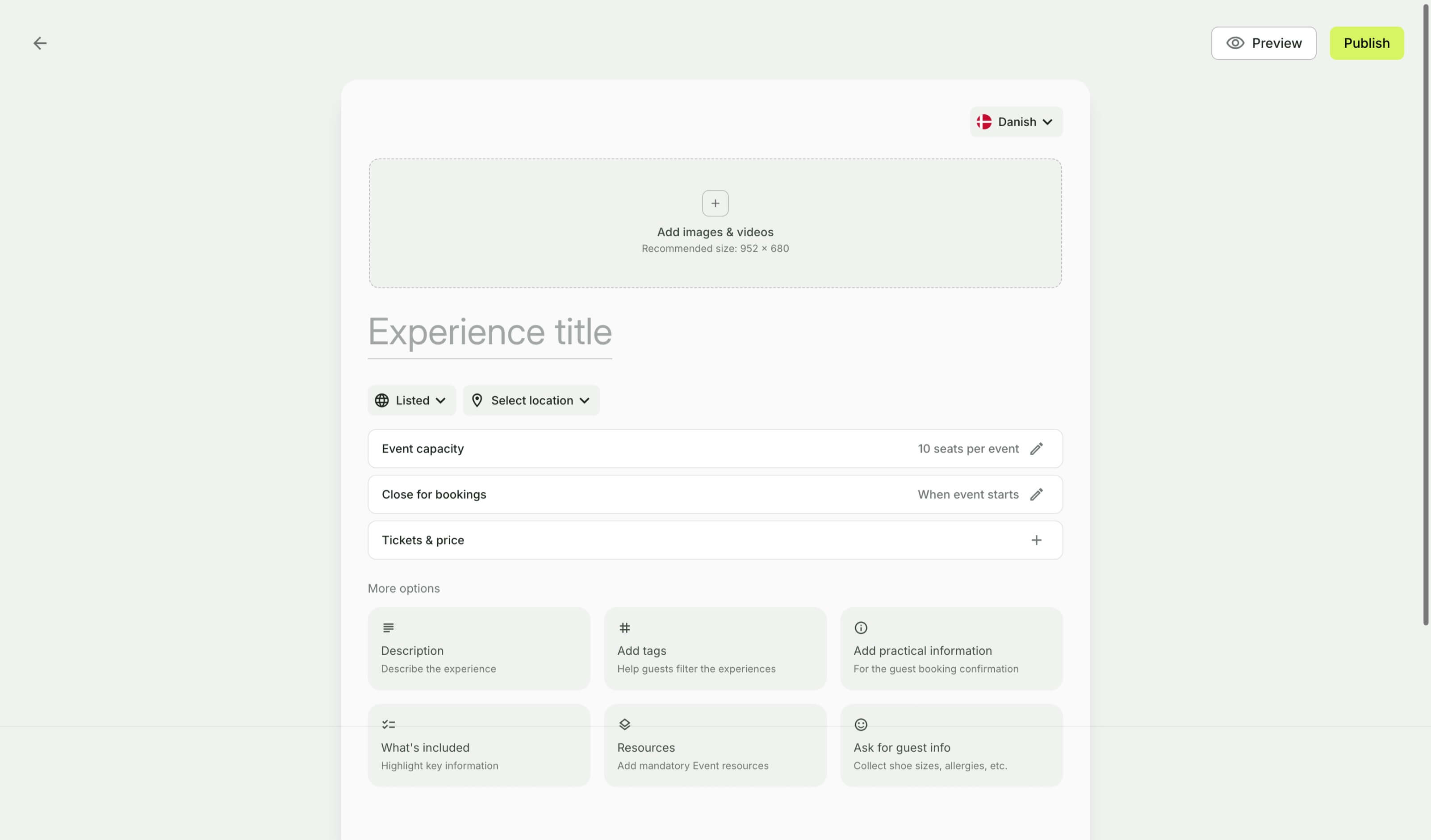 A clean and minimalistic user interface for creating a new experience listing.