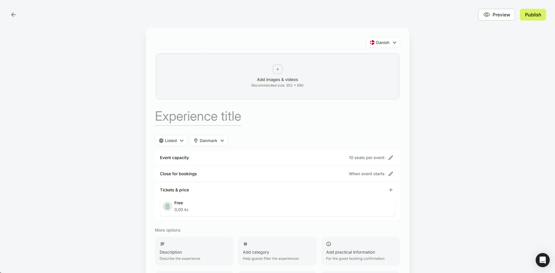 A clean and minimalistic user interface for creating a new experience listing.